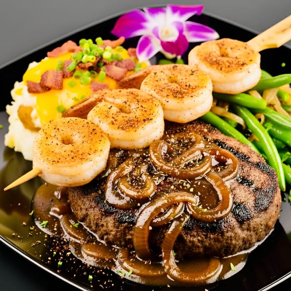Snooks Grill's American dish with steak, shrimp skewer, mashed potatoes, green beans, and a purple orchid.