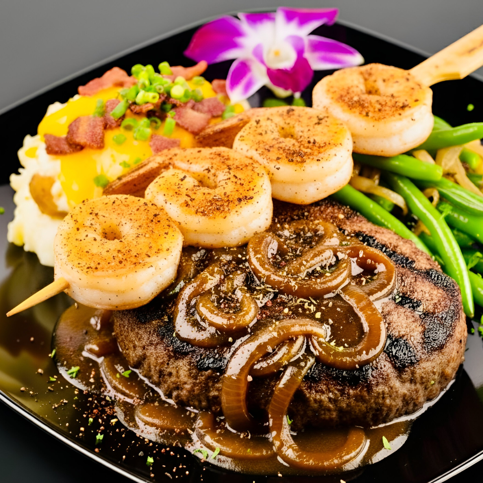 Snooks Grill's American dish with steak, shrimp skewer, mashed potatoes, green beans, and a purple orchid.