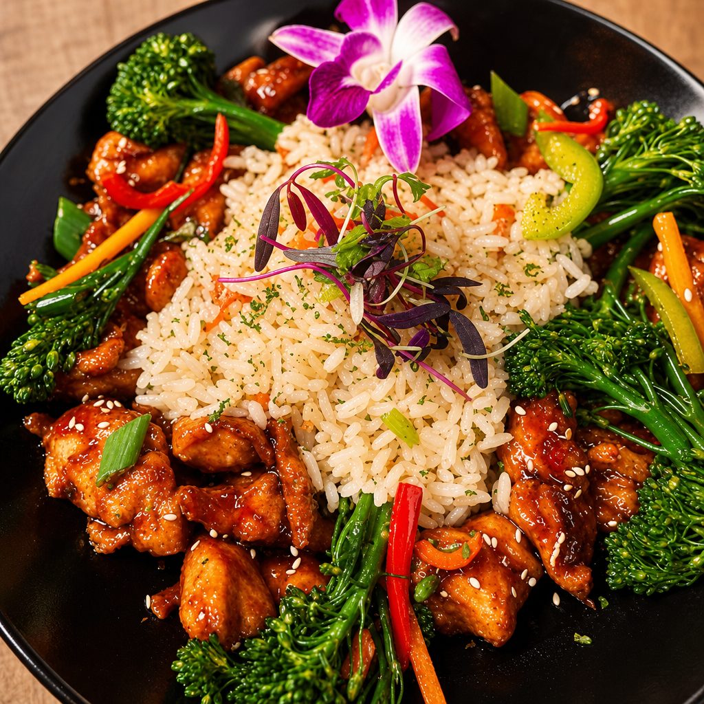 Bourbon-Glazed Chicken with Broccolini and Garden Vegetables Bowl.